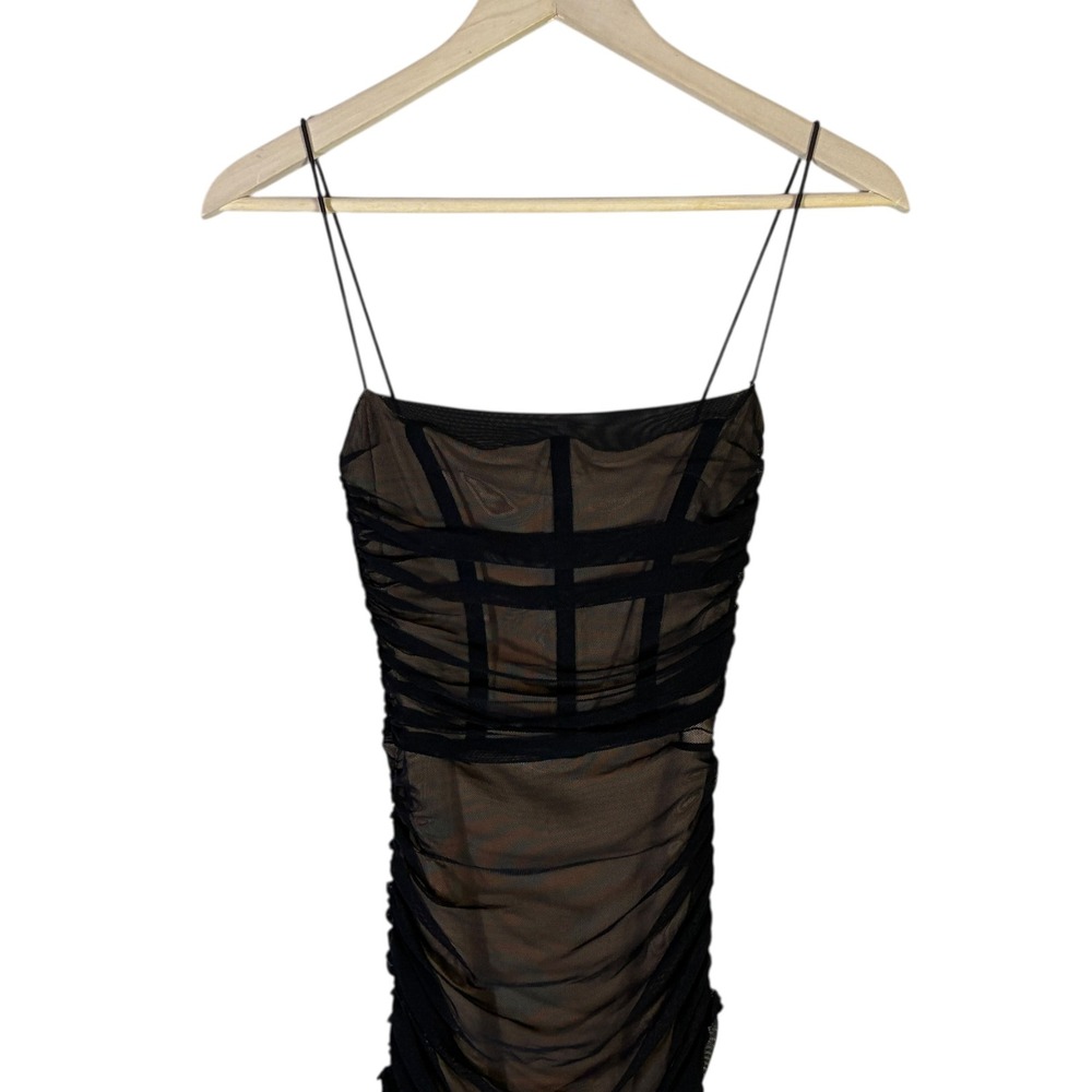 Nookie Mecca Midi Dress Black Nude Sheer Ruched Sexy Date Night Cocktail Size S - Picture 3 of 7